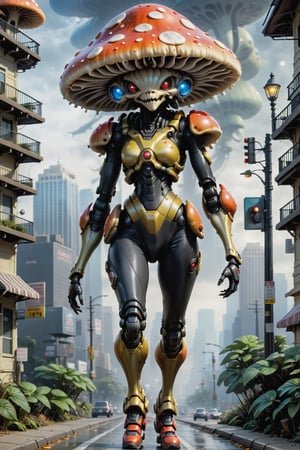 Glossy (Anthropomorphic walking alien mushroom creatures:1.2), with macabre faces inspired by Alex Horley's art style, invading Earth, specifically targeting Los Angeles city, dramatic lighting, golden ratio, ultra-realistic, digital painting. ,mecha