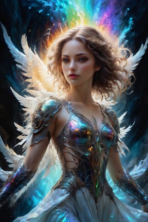 (Archangel Gabriela), (armed with a gatling gun), descending from the skies, 8k, concept art by Greg Rutkowski, Artgerm, WLOP, Alphonse Mucha, dynamic lighting, hyperdetailed, intricately detailed Splash art, triadic colors, Unreal Engine 5, volumetric lighting Canaletto photorealism movie poster, stunning, something that even doesn't exist, mythical being, energised, molecular textures, iridescent and luminescent scales, breathtaking beauty, pure perfection, divine presence, unforgettable, impressive, Volumetric light, auras, rays, vivid colors, reflects. ,hyper real extra effect add 