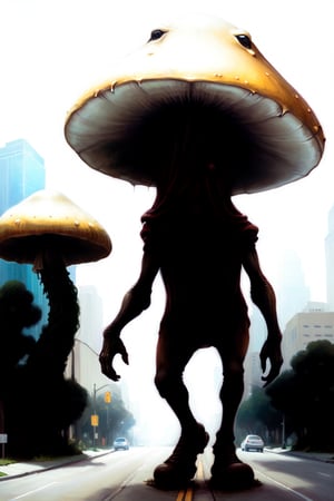 Glossy Anthropomorphic walking alien mushroom creatures, with macabre faces inspired by Alex Horley's art style, invading Earth, specifically targeting Los Angeles city, dramatic lighting, golden ratio, ultra-realistic, digital painting. 
