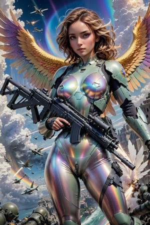 (Archangel Gabriela), (armed with a realistic heavy machinegun:1.2), descending from the skies, 8k, concept art by Greg Rutkowski, Artgerm, WLOP, Alphonse Mucha, dynamic lighting, hyperdetailed, intricately detailed Splash art, triadic colors, Unreal Engine 5, volumetric lighting Canaletto photorealism movie poster, stunning, something that even doesn't exist, mythical being, energised, molecular textures, iridescent and luminescent scales, breathtaking beauty, pure perfection, divine presence, unforgettable, impressive, Volumetric light, auras, rays, vivid colors, reflects. 