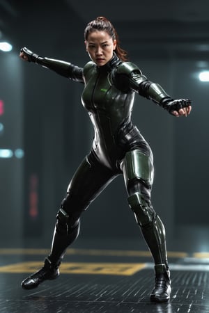 Back high camera shot, Matrixcore, Blurred matrix code running on the background, Award-wining zbrush and Blender render, The matrix agent woman, athletic, cyberpunk, glossy latex suit, havoc fighting style, dynamic cartwheel pose, ultra realistic, high detailed, action cinematic, 32k, photographic quality, f/22 aperture, wide dof camera lens, guns, guns, guns. 