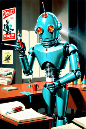Retro futurism visions, attack of the syringe (retro robot:1.2), cone shaped, Robotcore, (panic humans:1.2), reminescence of Sci-fi 1950s books. 