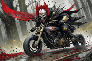 The caped Chainsaw biker, grotesquery, dark, eerie, hellish motorcycle, art by Yoann Lossel, spikes on wheels, bloody Macabre, 2000 AD comic style, red image filter, 3d ground view, High speed Slow motion, Dynamic motion blur, fisheye cam, dslr, raw photography, cinematic motion. 