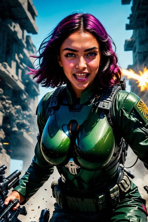 (Archangel Gabriela, angry face with a smirk :1.2), (armed with a realistic heavy machinegun:1.2), descending from the skies, 8k, dynamic lighting, hyperdetailed, intricately detailed Splash art, triadic colors, Unreal Engine 5, volumetric lighting Canaletto photorealism movie poster, stunning, mythical being, energised, molecular textures, iridescent scales, breathtaking beauty, pure perfection, divine presence, unforgettable, impressive, Volumetric light, auras, rays, vivid colors, reflects. 