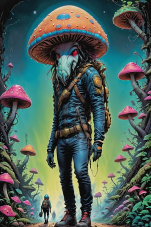 Glossy (Anthropomorphic walking alien mushroom creatures:1.2), with macabre faces inspired by Alex Horley's art style, invading Earth, specifically targeting Los Angeles city, dramatic lighting, golden ratio, ultra-realistic, digital painting. 