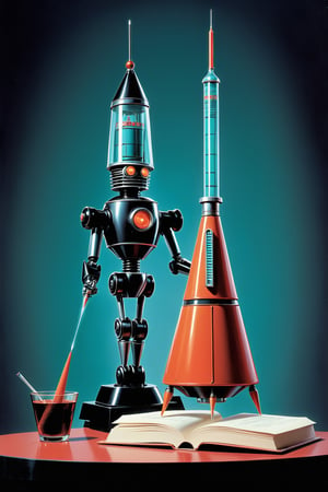 Retro futurism visions, attack of the syringe (retro robot:1.2), cone shaped, Robotcore, (panic humans:1.2), reminescence of Sci-fi 1950s books. (score_9, score_8_up, score_7_up, score_6, score_5, score_4)