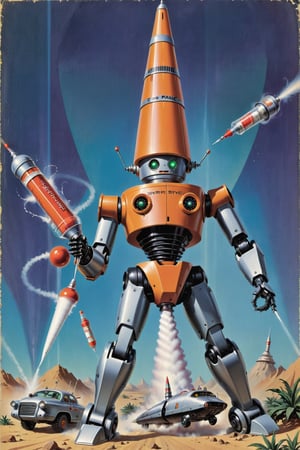Retro futurism visions, attack of the syringe (retro robot:1.2), cone shaped, Robotcore, (panic humans:1.2), reminescence of Sci-fi 1950s books. (score_9, score_8_up, score_7_up, score_6, score_5, score_4). 