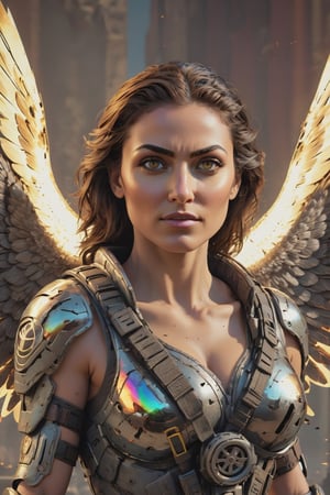 (Archangel Gabriela, angry face with a smirk :1.2), (armed with a realistic heavy machinegun:1.2), descending from the skies, 8k, dynamic lighting, hyperdetailed, intricately detailed, volumetric lighting, Canaletto photorealism movie poster, stunning, mythical being, energised, molecular textures, iridescent scales armor, breathtaking beauty, pure perfection, divine presence, unforgettable, impressive, auras, rays, reflects. ,Comic Book-Style 2d
