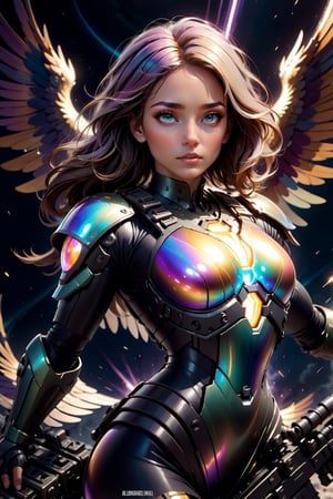 (Archangel Gabriela), (armed with a realistic heavy machinegun:1.2), descending from the skies, 8k, concept art by Greg Rutkowski, Artgerm, WLOP, Alphonse Mucha, dynamic lighting, hyperdetailed, intricately detailed Splash art, triadic colors, Unreal Engine 5, volumetric lighting Canaletto photorealism movie poster, stunning, something that even doesn't exist, mythical being, energised, molecular textures, iridescent and luminescent scales, breathtaking beauty, pure perfection, divine presence, unforgettable, impressive, Volumetric light, auras, rays, vivid colors, reflects. ,by and.ad, 