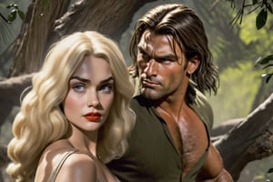Award-wining photography, (Savage man Tarzan), protecting a beautiful 1920s (blonde woman), perfect face, sharp eyes, extremely definition, ripped clothes, pre-historic wilderness, Volumetric 3d effect, ZBrush render, additional Blender details, scene from a cinematic high quality movie, action, eerie, Vintage style, cinematic natural lighting, lines by Frank Frazetta. 
