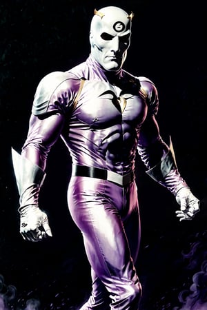 The Phantom by Lee Falk, The Ghost Who Walks, first superhero, tight light purple suit, athletic, mask. ,bad quality image
