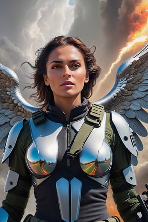 (Archangel Gabriela, angry face with a smirk :1.2), (armed with a realistic heavy machinegun:1.2), descending from the skies, 8k, dynamic lighting, hyperdetailed, intricately detailed, volumetric lighting, Canaletto photorealism movie poster, stunning, mythical being, energised, molecular textures, iridescent scales, breathtaking beauty, pure perfection, divine presence, unforgettable, impressive, auras, rays, reflects. ,art_booster,real_booster