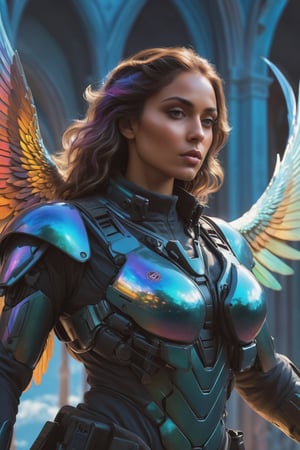 (Archangel Gabriela), (armed with a realistic heavy machinegun:1.2), descending from the skies, 8k, concept art by Greg Rutkowski, Artgerm, WLOP, Alphonse Mucha, dynamic lighting, hyperdetailed, intricately detailed Splash art, triadic colors, Unreal Engine 5, volumetric lighting Canaletto photorealism movie poster, stunning, something that even doesn't exist, mythical being, energised, molecular textures, iridescent and luminescent scales, breathtaking beauty, pure perfection, divine presence, unforgettable, impressive, Volumetric light, auras, rays, vivid colors, reflects. 
