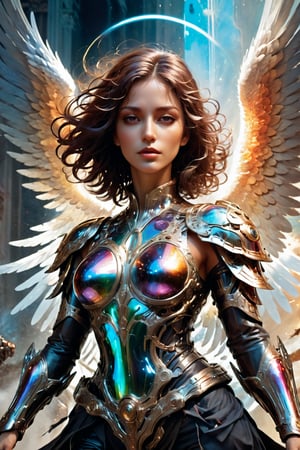 (Archangel Gabriela), (armed with a gatling gun), descending from the skies, 8k, concept art by Greg Rutkowski, Artgerm, WLOP, Alphonse Mucha, dynamic lighting, hyperdetailed, intricately detailed Splash art, triadic colors, Unreal Engine 5, volumetric lighting Canaletto photorealism movie poster, stunning, something that even doesn't exist, mythical being, energised, molecular textures, iridescent and luminescent scales, breathtaking beauty, pure perfection, divine presence, unforgettable, impressive, Volumetric light, auras, rays, vivid colors, reflects. 