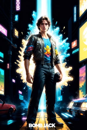 Bomb Jack, reimagined 80s zxspectrum game character, game poster style, digital painting, cover artist Dave Rapoza, 8k, concept art, sharp, intricate, highly detailed, UHD drawing, mastery, acrylic painting, style of makoto shinkai, jamie wyeth, james gilleard, edward hopper, greg rutkowski. ,score_9,hyper real extra effect add ,score_8_up