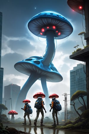 Glossy Anthropomorphic walking alien mushroom creatures, with macabre faces inspired by Alex Horley's art style, invading Earth, specifically targeting Los Angeles city, dramatic lighting, golden ratio, ultra-realistic, digital painting. ,ghibli