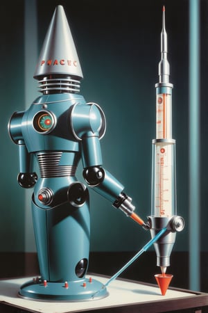 Retro futurism visions, attack of the syringe (retro robot:1.2), cone shaped, Robotcore, (panic humans:1.2), reminescence of Sci-fi 1950s books. (score_9, score_8_up, score_7_up, score_6, score_5, score_4)