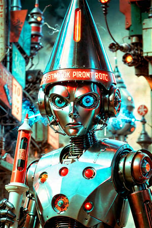Retro futurism visions, attack of the syringe retro robot, cone shaped, Robotcore, panic attacking humans, reminescence of Sci-fi 1950s books. 
