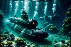 Underwatercore, f/2 camera aperture, photorealistic, cinematic shot on Sony A1, ultra detailed attack submarine, green color, going full speed near sea bottom, water effects, water texture, war vessel shadow, Dynamic motion blur, Blurred Motion, floating particles, Intricate underwater world. , 