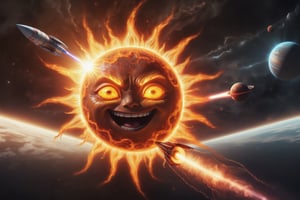 Award-wining sci-fi digital art, (a Gigantic fiery sun with eyes, sarcastically smiling), in a collision path with a planet, (a rocket spaceship flees into open space towards the camera), intricate details, galactic aura symphony, 
