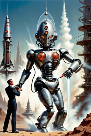 Retro futurism visions, attack of the syringe retro robot, cone shaped, Robotcore, panic attacking humans, reminescence of Sci-fi 1950s books. 