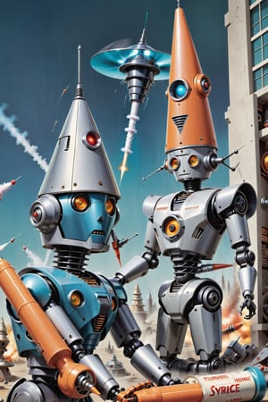 Retro futurism visions, attack of the syringe (retro robot:1.2), cone shaped, Robotcore, (panic humans:1.2), reminescence of Sci-fi 1950s books. (score_9, score_8_up, score_7_up, score_6, score_5, score_4). ,3d style