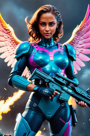 (Archangel Gabriela, angry face with a smirk :1.2), (armed with a realistic heavy machinegun:1.2), descending from the skies, 8k, dynamic lighting, hyperdetailed, intricately detailed Splash art, triadic colors, Unreal Engine 5, volumetric lighting Canaletto photorealism movie poster, stunning, mythical being, energised, molecular textures, iridescent scales, breathtaking beauty, pure perfection, divine presence, unforgettable, impressive, Volumetric light, auras, rays, vivid colors, reflects. 