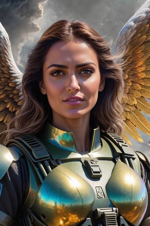 (Archangel Gabriela, angry face with a smirk :1.2), (armed with a realistic heavy machinegun:1.2), descending from the skies, 8k, dynamic lighting, hyperdetailed, intricately detailed, volumetric lighting, Canaletto photorealism movie poster, stunning, mythical being, energised, molecular textures, iridescent scales, breathtaking beauty, pure perfection, divine presence, unforgettable, impressive, auras, rays, reflects. 