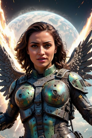(Archangel Gabriela, angry face with a smirk :1.2), (armed with a realistic heavy machinegun:1.2), descending from the skies, 8k, dynamic lighting, hyperdetailed, intricately detailed, volumetric lighting, Canaletto photorealism movie poster, stunning, mythical being, energised, molecular textures, iridescent scales armor, breathtaking beauty, pure perfection, divine presence, unforgettable, impressive, auras, rays, reflects. 