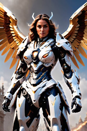 (Archangel Gabriela, angry face with a smirk :1.2), (armed with a realistic heavy machinegun:1.2), descending from the skies, 8k, dynamic lighting, hyperdetailed, intricately detailed, volumetric lighting, Canaletto photorealism movie poster, stunning, mythical being, energised, molecular textures, iridescent scales armor, breathtaking beauty, pure perfection, divine presence, unforgettable, impressive, auras, rays, reflects. ,mecha