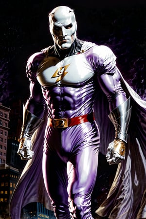 The Phantom by Lee Falk, The Ghost Who Walks, first superhero, tight light purple suit, athletic, mask. 