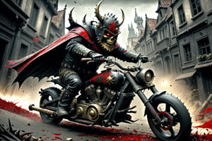 The caped Chainsaw biker, grotesquery, dark, eerie, hellish motorcycle, art by Yoann Lossel, spikes on wheels, bloody Macabre, 2000 AD comic style, red image filter, 3d ground view, High speed Slow motion, Dynamic motion blur, fisheye cam, dslr, raw photography, cinematic motion. ,more saturation ,3D Render Style