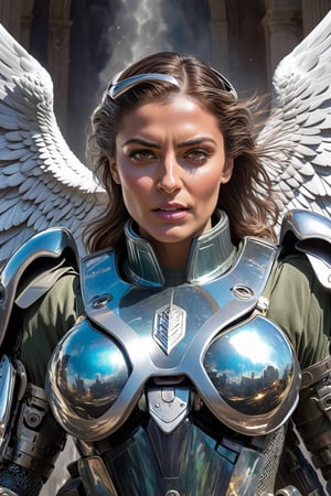 (Archangel Gabriela, angry face with a smirk :1.2), (armed with a realistic heavy machinegun:1.2), descending from the skies, 8k, dynamic lighting, hyperdetailed, intricately detailed, volumetric lighting, Canaletto photorealism movie poster, stunning, mythical being, energised, molecular textures, iridescent scales armor, breathtaking beauty, pure perfection, divine presence, unforgettable, impressive, auras, rays, reflects. , ,real_booster
