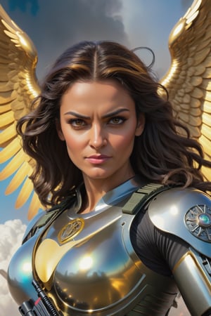 (Archangel Gabriela, angry face with a smirk :1.2), (armed with a realistic heavy machinegun:1.2), descending from the skies, 8k, dynamic lighting, hyperdetailed, intricately detailed, volumetric lighting, Canaletto photorealism movie poster, stunning, mythical being, energised, molecular textures, iridescent scales armor, breathtaking beauty, pure perfection, divine presence, unforgettable, impressive, auras, rays, reflects. 