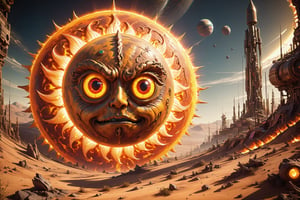 Award-wining sci-fi digital art, (a Gigantic fiery sun with eyes, sarcastically smiling:1.4), in a collision path with a planet, (a rocket spaceship flees into open space towards the camera:1.2), intricate details, galactic aura symphony. 