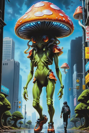 Glossy (Anthropomorphic walking alien mushroom creatures:1.2), with macabre faces inspired by Alex Horley's art style, invading Earth, specifically targeting Los Angeles city, dramatic lighting, golden ratio, ultra-realistic, digital painting. ,Acidmelt