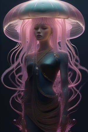 photo RAW, (Black and pink : Portrait of a ghostly jellyfish, shiny aura, highly detailed, gold filigree, intricate motifs, organic tracery, by Android jones, Januz Miralles, Hikari Shimoda, glowing stardust by W. Zelmer, perfect composition, smooth, sharp focus, sparkling particles, lively coral reef background Realistic, realism, hd, 35mm photograph, 8k), masterpiece, award winning photography, natural light, perfect composition, high detail, hyper realistic
