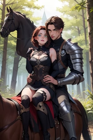  Beautiful girl on a horse with a man holding her from behind on the same horse. He protect her, She have freckles and intense green eyes, long red brown hair, wear a simple with dress, poor. She has twenty years old. The man is warrior, he wear black scales armor and a sword, is great and muscular, has broad shoulders, he has 28 years old, has blue gray ocean eyes, black short hair, steampunk. They are in a forest 