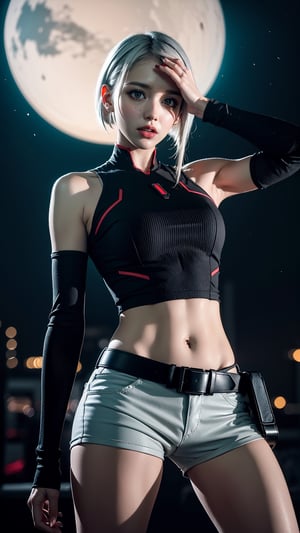 lucy \(cyberpunk\), 1girl, arm up, asymmetrical hair, belt, bodysuit, covered mouth, covered navel, detached sleeves, grey eyes, hip vent, holding, holding weapon, looking at viewer, night, night sky, pouch, short hair, sky, solo, weapon, white hair, wire, short shorts, shorts, open jacket, LUCY \(CYBERPUNK\)