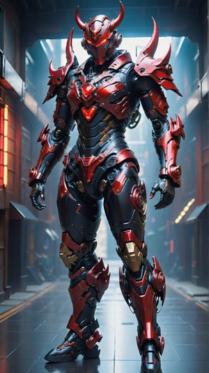 A Hi-Tech cyberpunk style black red devil suit, intricate detailed, custom design, shining body, glowing look, full shining suit, body, hues, steampunk style, cyberpunk style, mecha, perfect custom Hi-Tech suit, intricate armor, muscular body suite, cyberpunk