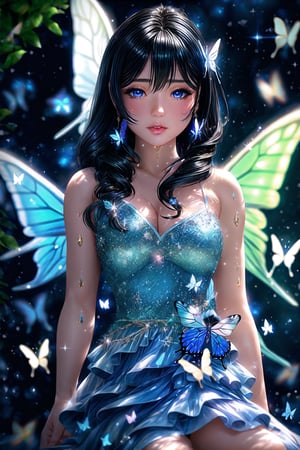 (masterpiece) (resolution: 1.3) (character) (woman 1), solo woman, in the cave, water light hits the face, 3D model, blue butterflies and fireflies, blue eyes, black hair, angel outfit, dress white, yellow makeup, has angel wings, confused face, fair skin,,beautiful butterfly dress,,dress with glitter,,layered dress in the cave, blue water reflection,kaede,1 girl,real hands,Long hair,wet, black hair,