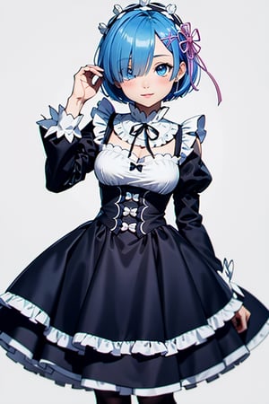 (Rem solo character) (Solo character) (Rem character) (Blue Hair) (Short Hair) (Her bangs cover one eye) (Blue Eyes) (Beautiful Eyes) (Sparkling Eyes) (Tall Body) (Pretty Pose) (Wearing Maid's Dress) (Black and White Background) (Chibi