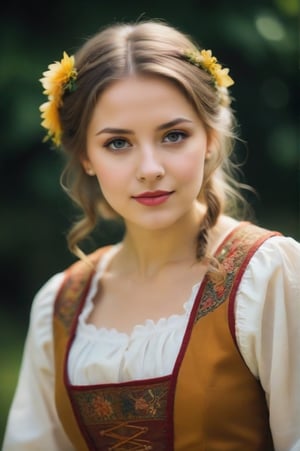 20 years old beautiful german girl is wearing a traditional german woman clothing, portrait half body
