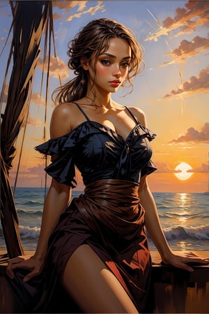 Very beautiful and elegant girl in sunset, masterpiece,oil painting