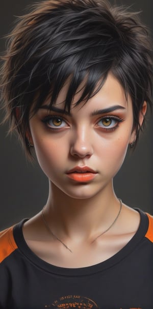 Generate hyper realistic close portrait of a beautiful girl, short messy black hair with a punk cut, dark background, orange t-shirt, very detailed beautiful eyes. Very detailed, provocative face, (dynamic provocative pose),   soft colors artwork, hight detailed,