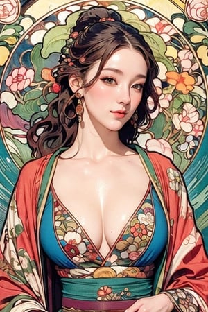 (mucha style), japan oni, busty and sexy girl, 8k, masterpiece, ultra-realistic, best quality, high resolution, high definition, J ONI, MUGODDESS