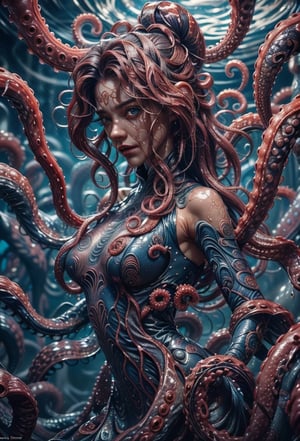 close-up of a woman's face only, beautiful face, on her head octopuses long tendrils, all over the head, covered with octopuses long Tentacle with suction cups detailed, oily face,  octopuses long Tentacle with detailed suction cups on it wrapping her body, cinematic lighting, looking_at_camera, blue eyes