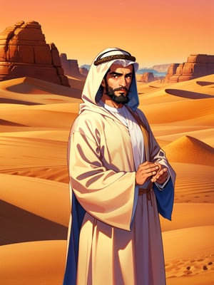 arab man, bearded, in a desert. robe, headgear, hood, robe, desert, 