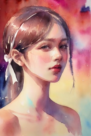 (8k, best quality, masterpiece:1.2),(best quality:1.0), (ultra highres:1.0), watercolor, a beautiful woman, shoulder, hair ribbons, by agnes cecile, half body portrait, extremely luminous bright design, pastel colors, (ink:1.3), autumn lights,Indian,no_humans,1 girl 