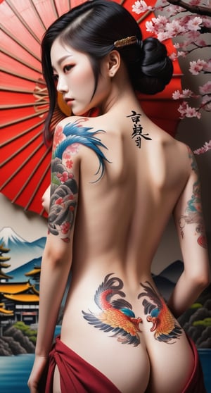 Super detailed masterpiece 8k, realistic, 1 girl, (beautiful face)++ A girl, (showing off her entire back with superb Japanese phoenix tattoo), yakuza style, bright colors, dragon, cherry blossoms, Mount Fuji, geisha god Wind Squad Red Sunwave is simply a work of art and so much more. Fills the entire back. Close-up on her back, contrasting with the girl's beautiful lines on a simple Japanese style background